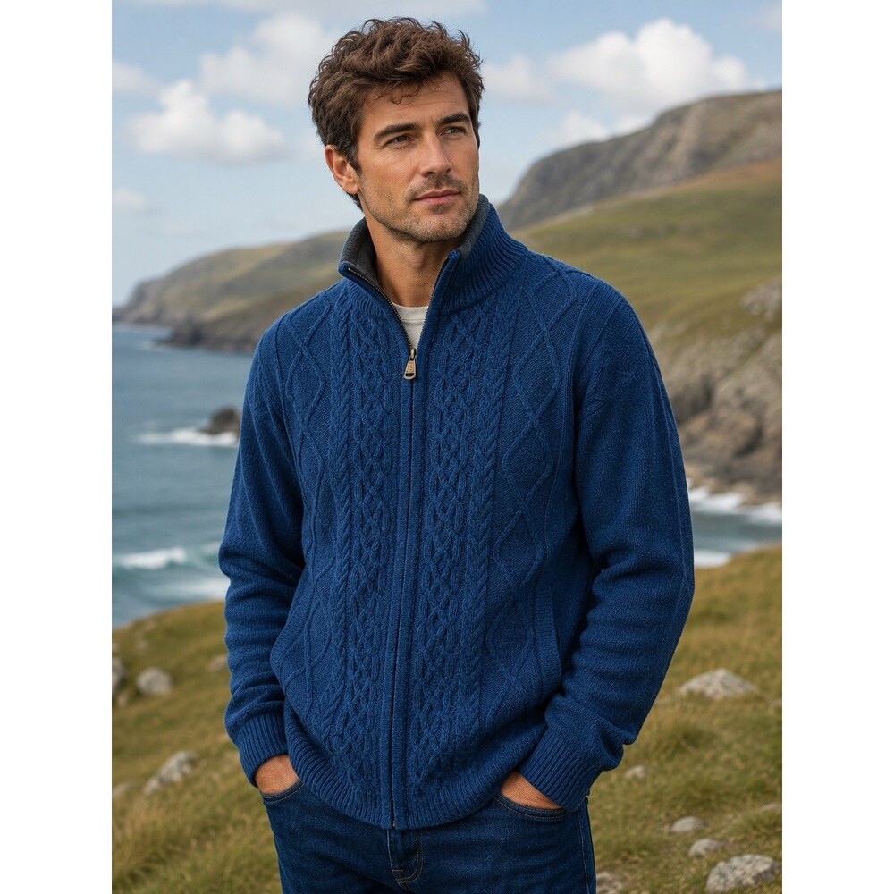 Aran Blue Irish Wool Cableknit Sweater Full Zip & Lined Fisherman Cardigan L